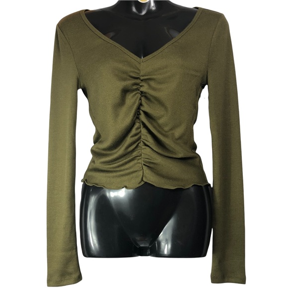 BP. Ruched, Stretch Knit Top Long Sleeve Olive Green NWT - Picture 4 of 6